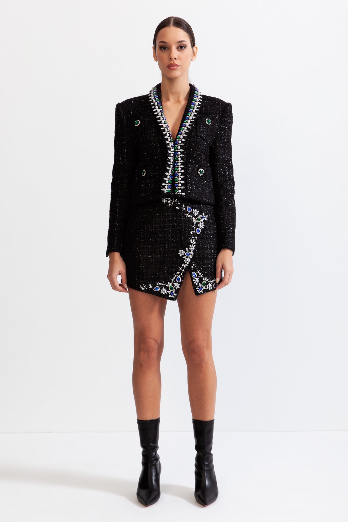TWEED JEWEL MINI SKIRT BLACK WOOL BLEND PARTY