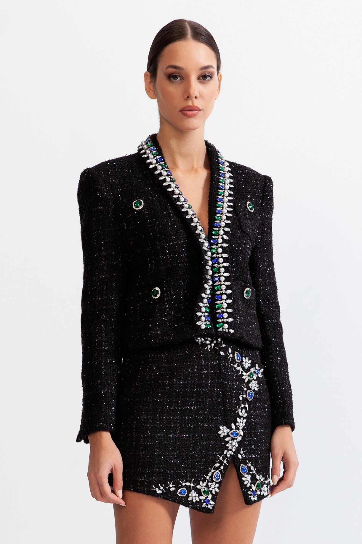 TWEED JEWEL MINI SKIRT BLACK WOOL BLEND PARTY