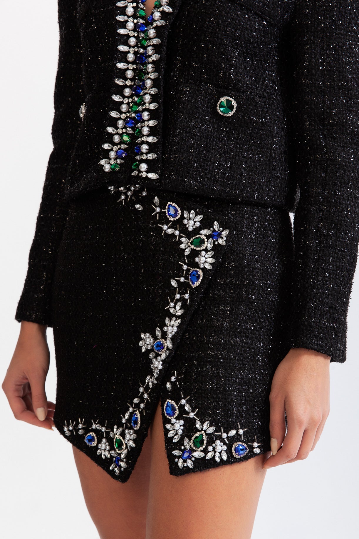 TWEED JEWEL MINI SKIRT BLACK WOOL BLEND PARTY
