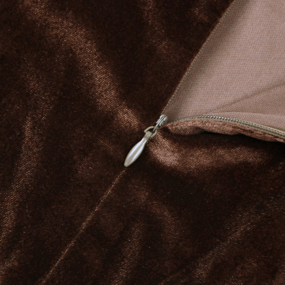 STRAPLESS BUSTIER FEATHER HEM MIDI VELVET DRESS IN BROWN