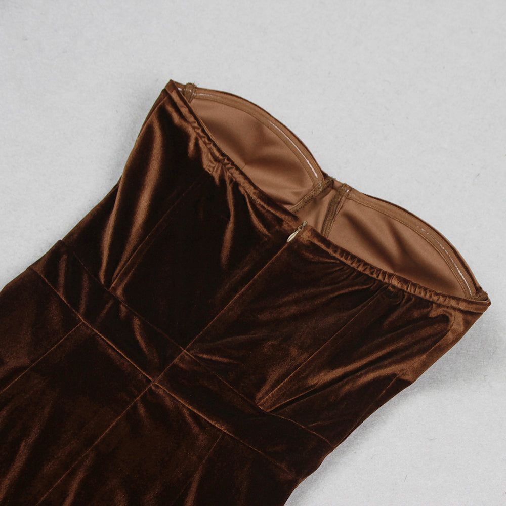 STRAPLESS BUSTIER FEATHER HEM MIDI VELVET DRESS IN BROWN