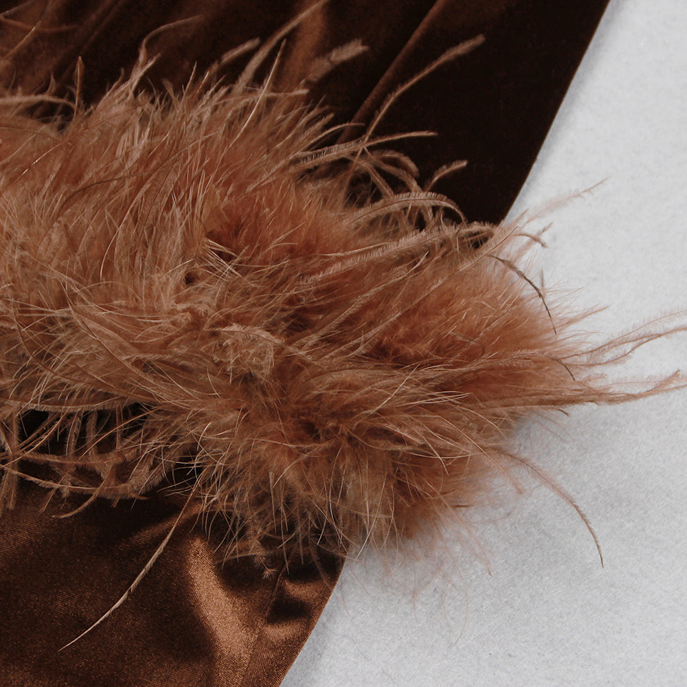 STRAPLESS BUSTIER FEATHER HEM MIDI VELVET DRESS IN BROWN
