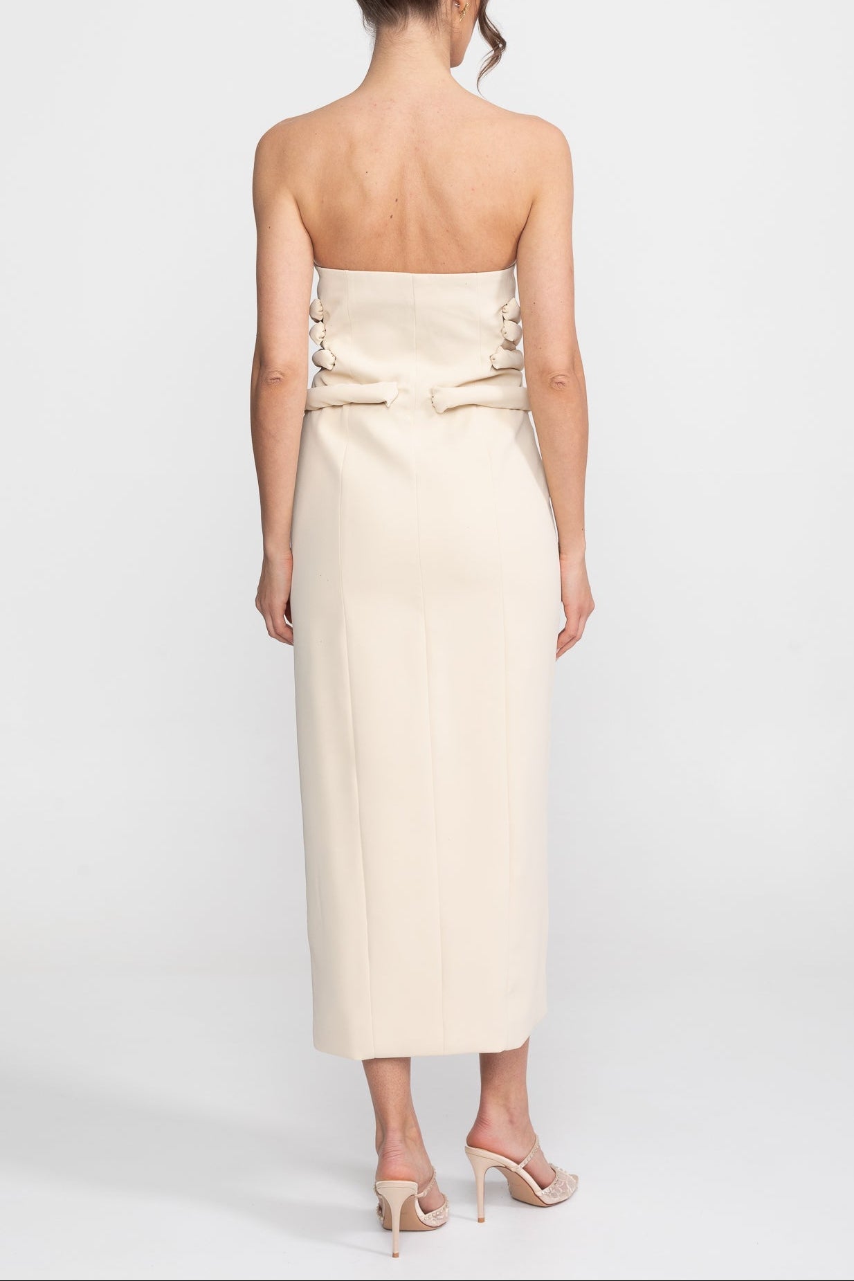 STRAPLESS KNOTTED MIDI DRESS, CREAM WEDDING GUEST