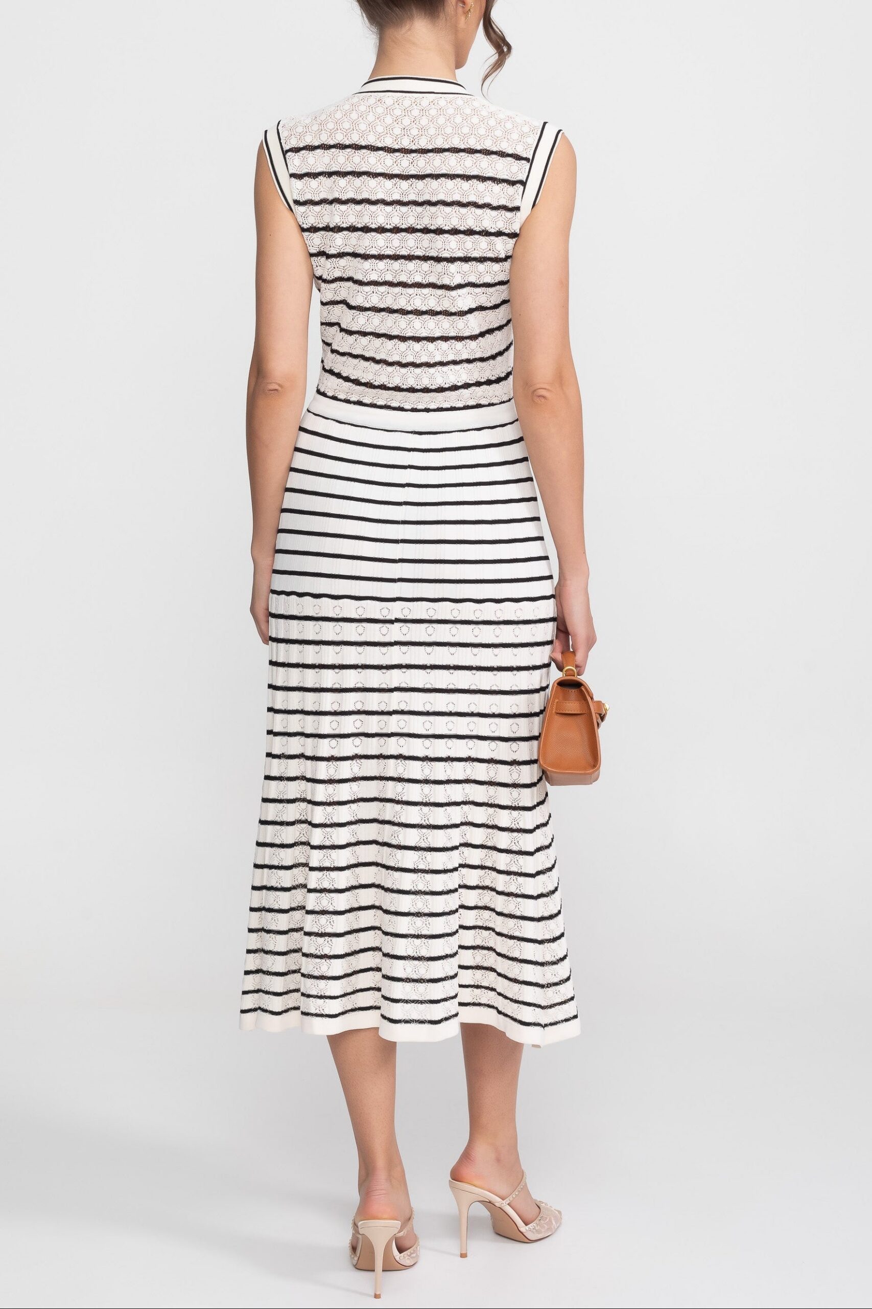 STRIPED V-NECK SLEEVELESS KNIT MIDI DRESS