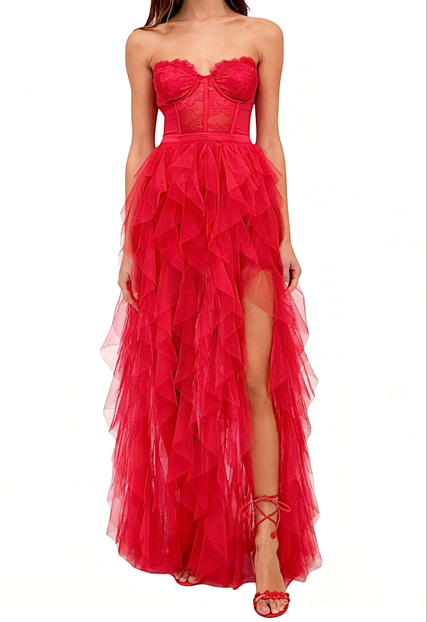 IMG_7691 RED STRAPLESS LACE MESH MAXI DRESS, PARTY