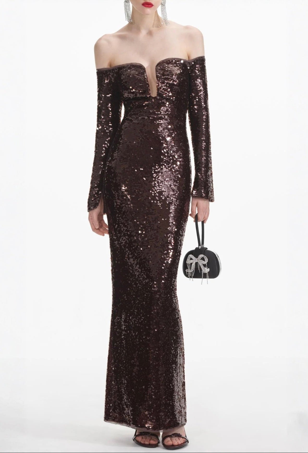 LONG SLEEVE SEQUIN MAXI DRESS BROWN FORMAL