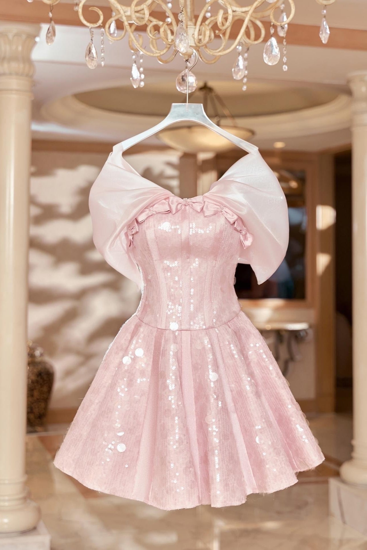 GLITTER STRAPLESS PINK MINI DRESS FOR PARTY
