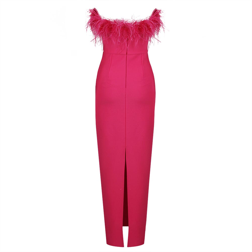 FEATHER BODYCON BANDAGE MIDI DRESS HOT PINK
