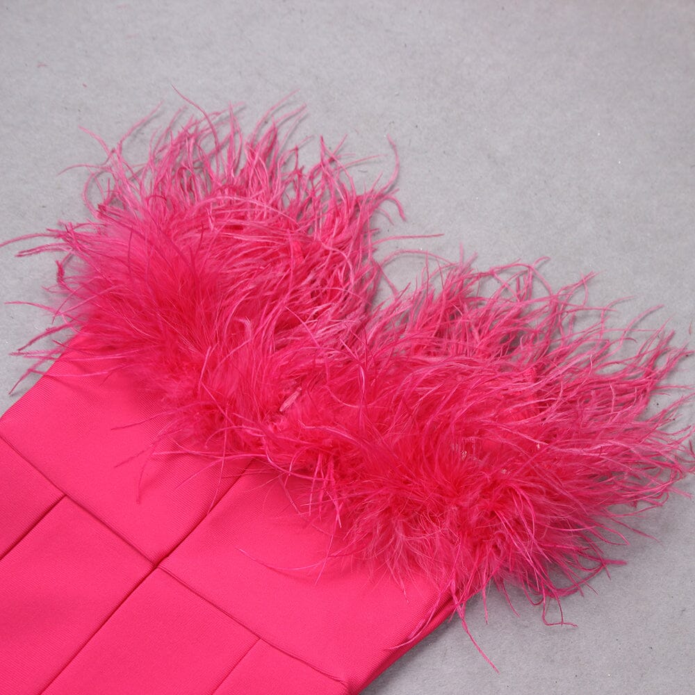 FEATHER BODYCON BANDAGE MIDI DRESS HOT PINK
