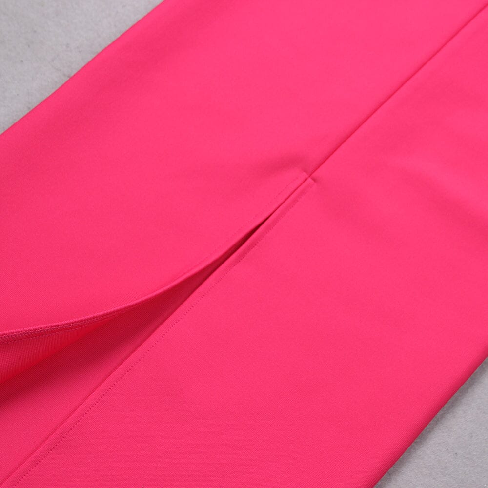 FEATHER BODYCON BANDAGE MIDI DRESS HOT PINK