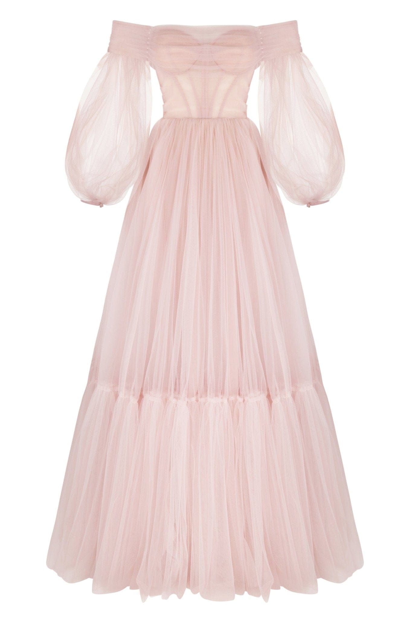 MISTY ROSE SHEER SLEEVE MAXI TULLE FORMAL DRESS