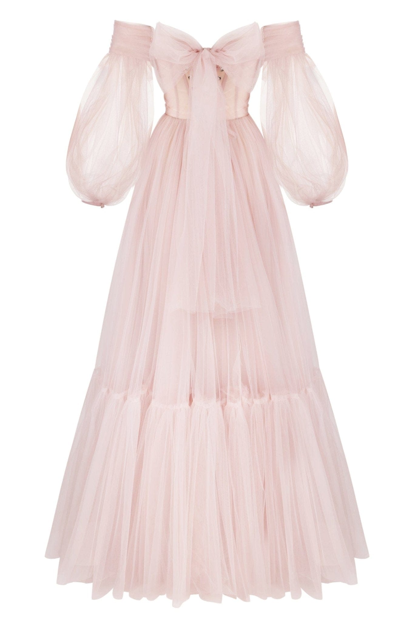 MISTY ROSE SHEER SLEEVE MAXI TULLE FORMAL DRESS