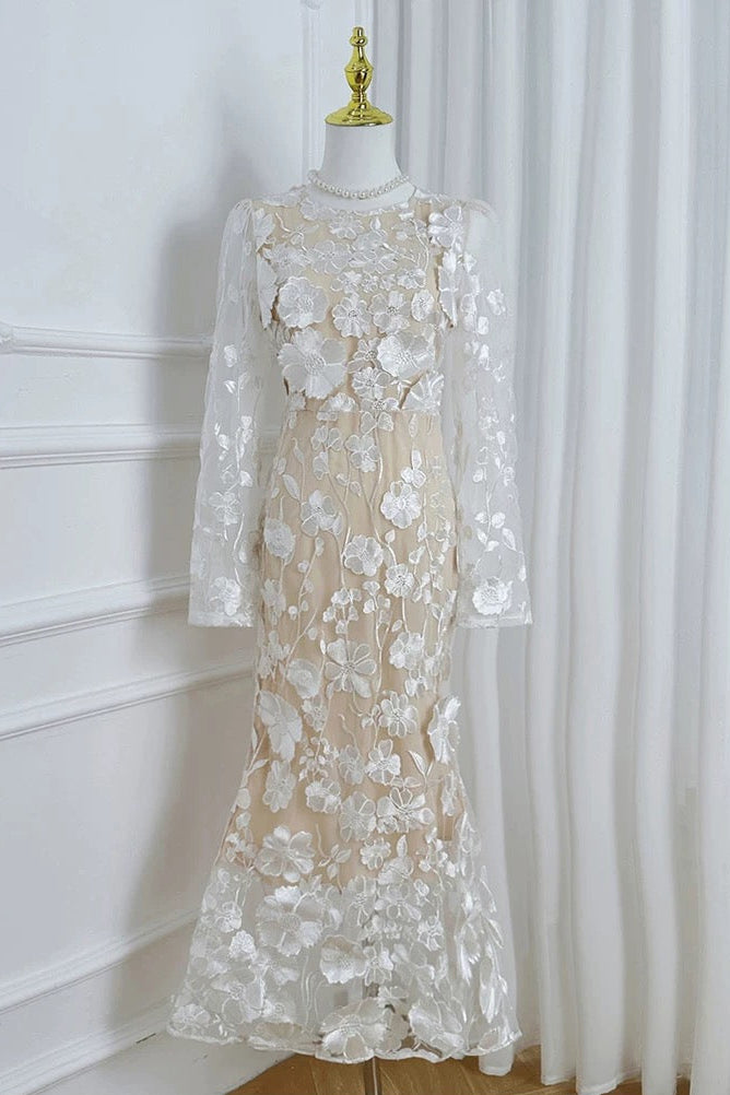 SHANNON 3D FLORAL WHITE MIDI DRESS FOR WEDDING
