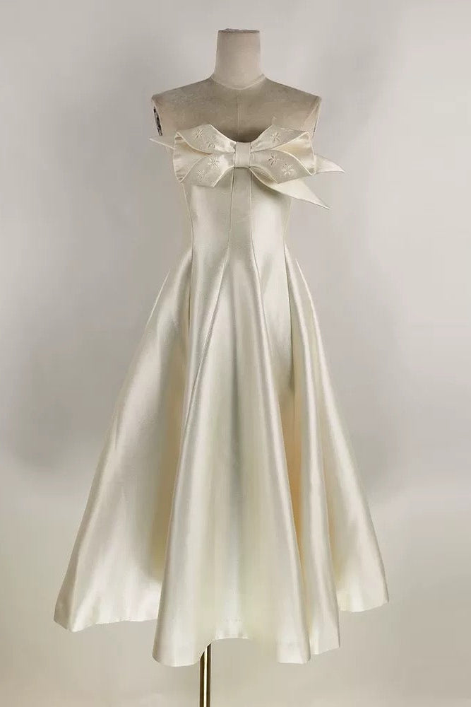 BEIGE FLARED SEMI-HEART NECK TAFFETA MIDI DRESS
