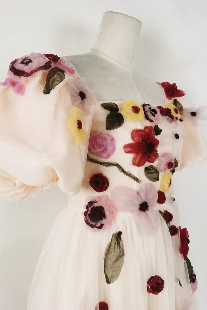 FLORAL PUFF SLEEVE MIDI DRESS, PINK