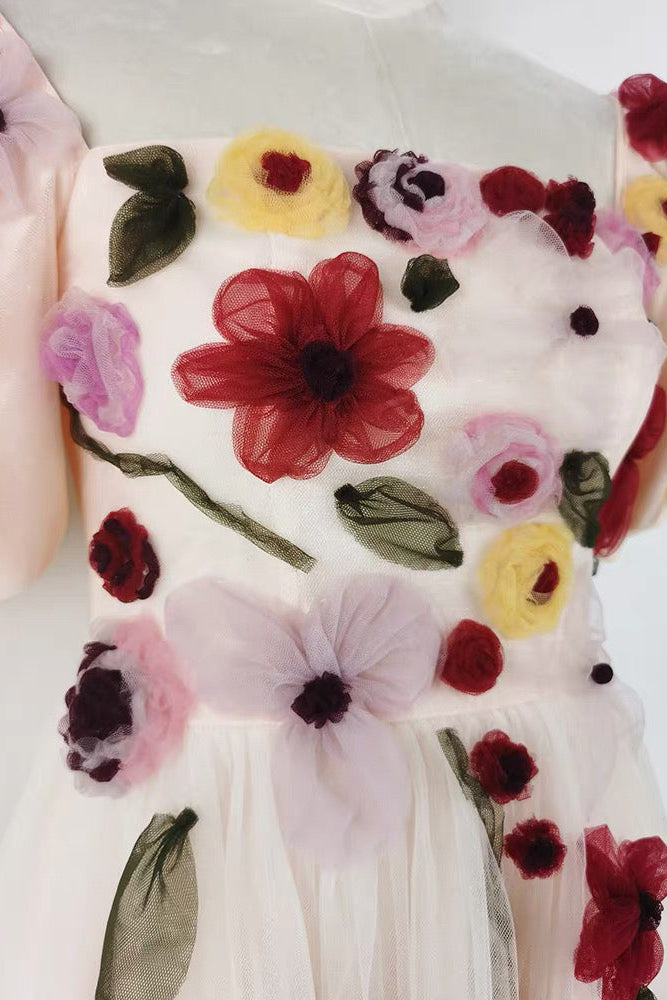 FLORAL PUFF SLEEVE MIDI DRESS, PINK