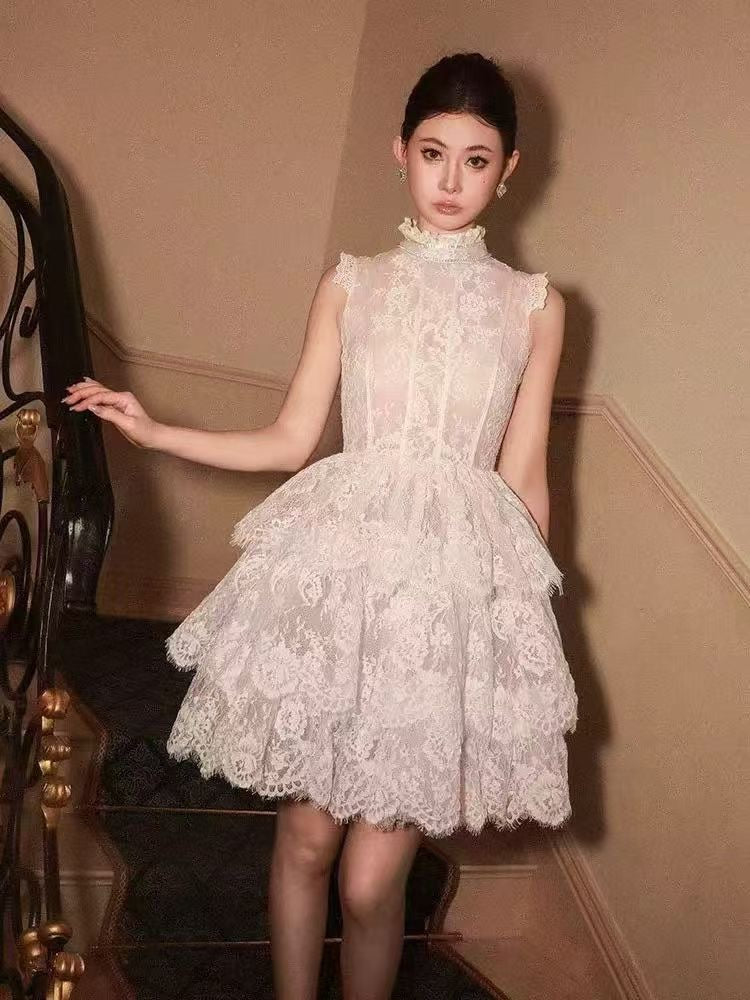 SLEEVELESS STAND COLLAR LACE TUTU MINI DRESS WHITE