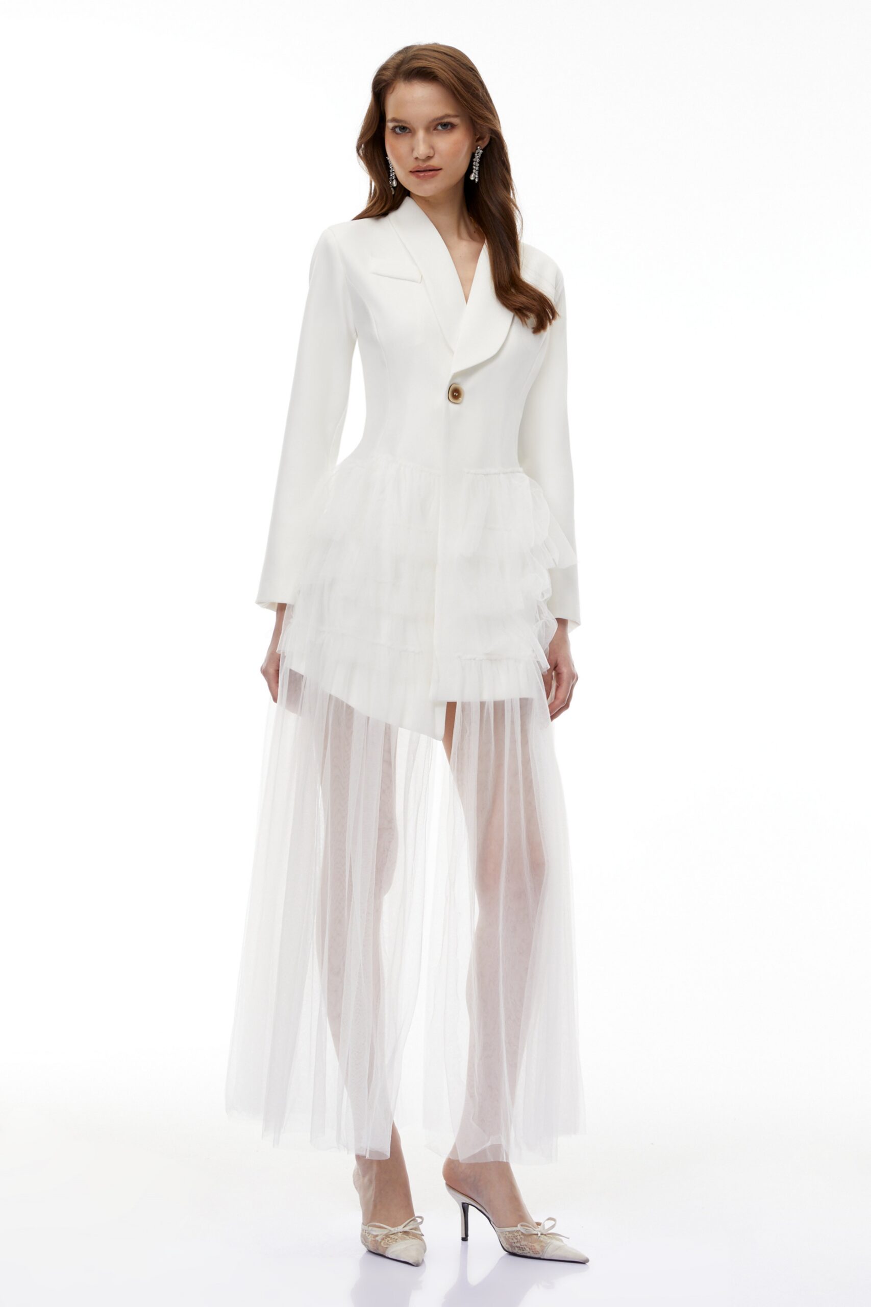 ILLYRIA WHITE RUFFLED TULLE BLAZER MAXI DRESS