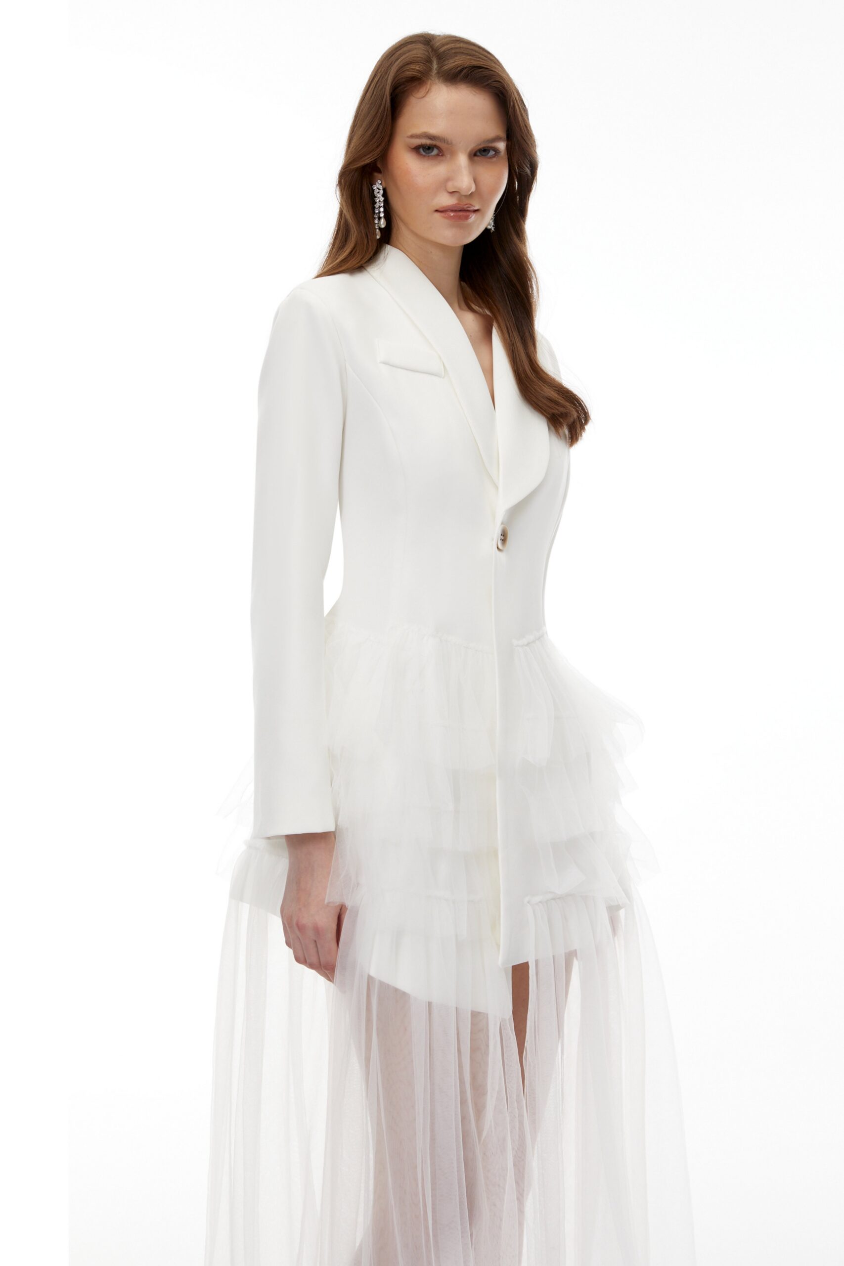 ILLYRIA WHITE RUFFLED TULLE BLAZER MAXI DRESS