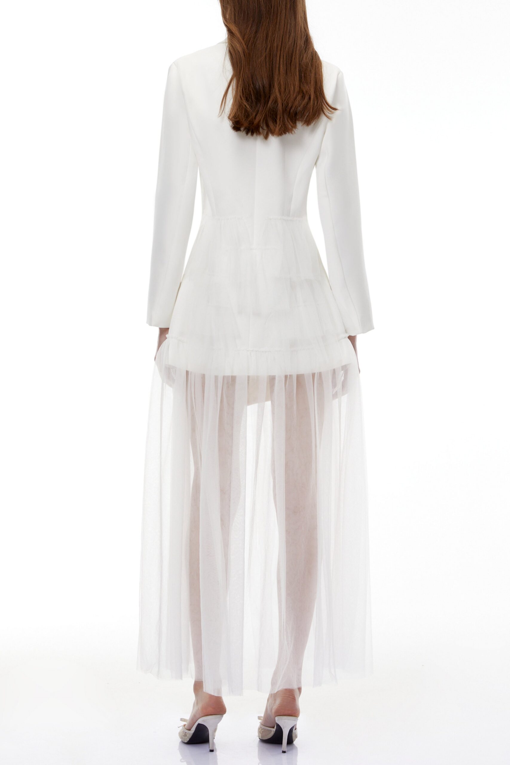 ILLYRIA WHITE RUFFLED TULLE BLAZER MAXI DRESS
