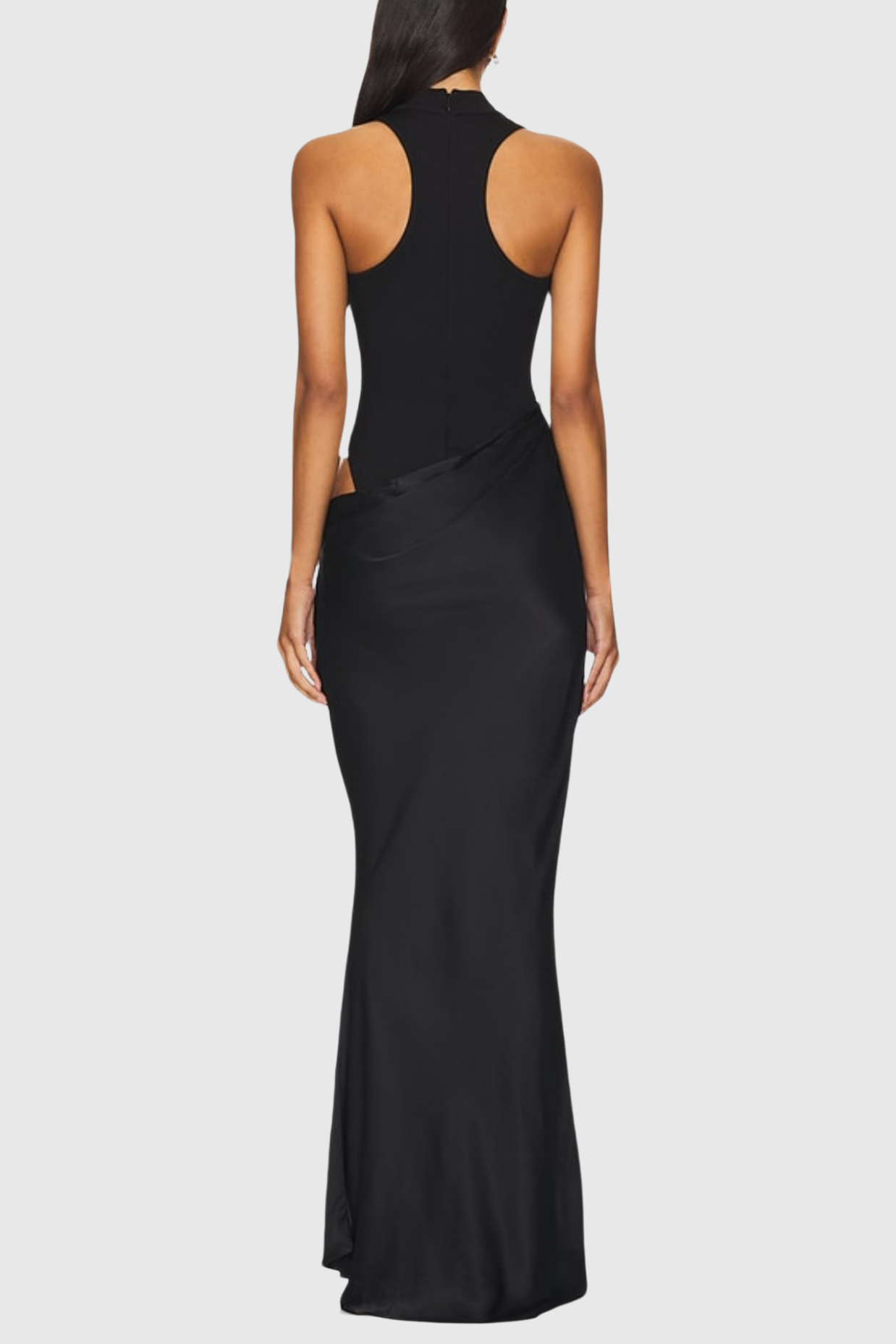 BLACK ASYMMETRICAL CUTOUT SATIN MAXI DRESS