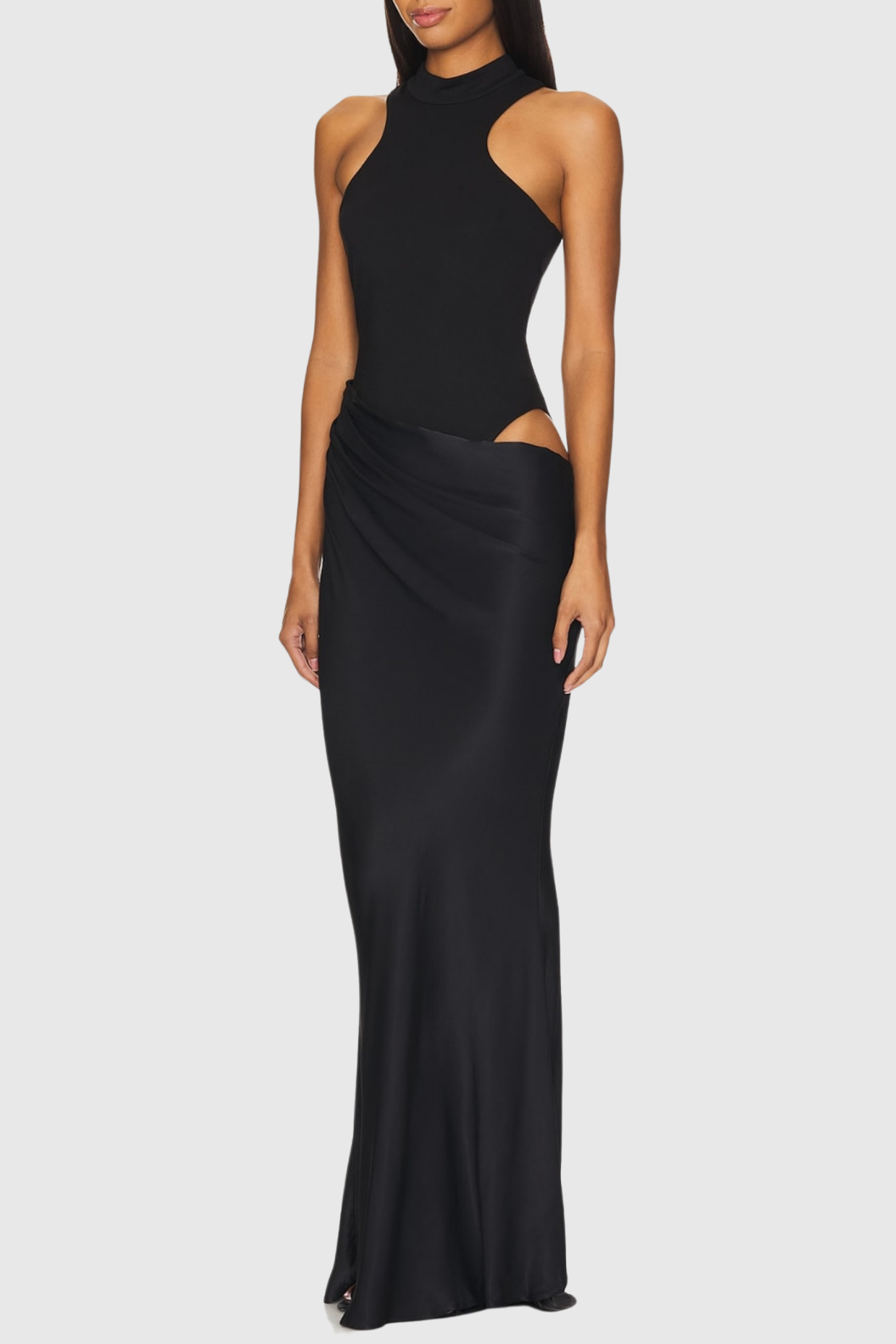 BLACK ASYMMETRICAL CUTOUT SATIN MAXI DRESS