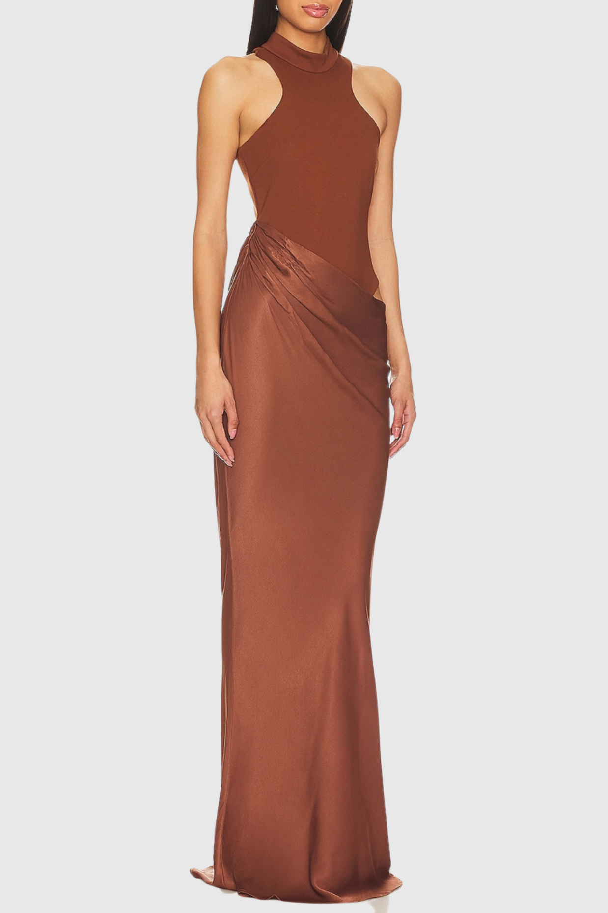 ASYMETRICAL CUTOUT SATIN MAXI DRESS BROWN
