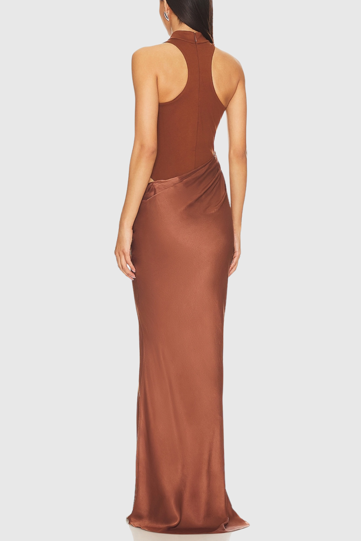 ASYMETRICAL CUTOUT SATIN MAXI DRESS BROWN