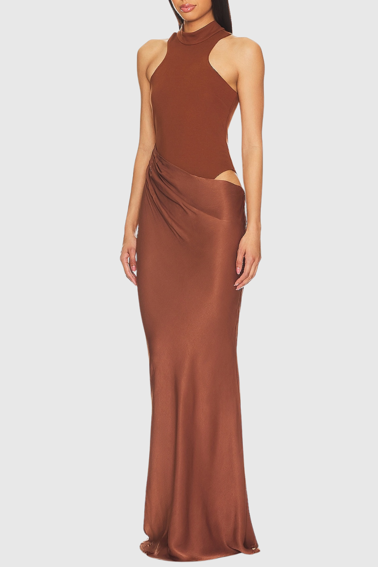 ASYMETRICAL CUTOUT SATIN MAXI DRESS BROWN