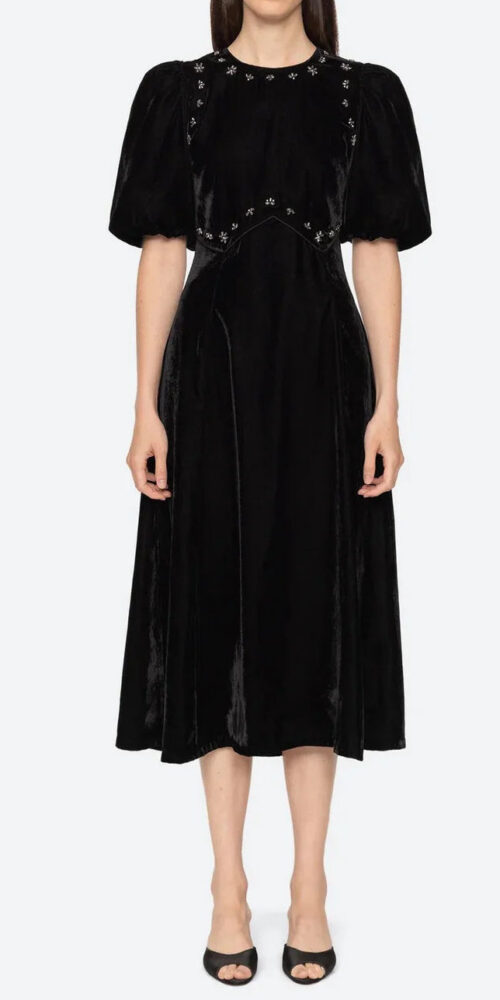 vicky black rhinestone embellished velvet puff sleeve maxi dress