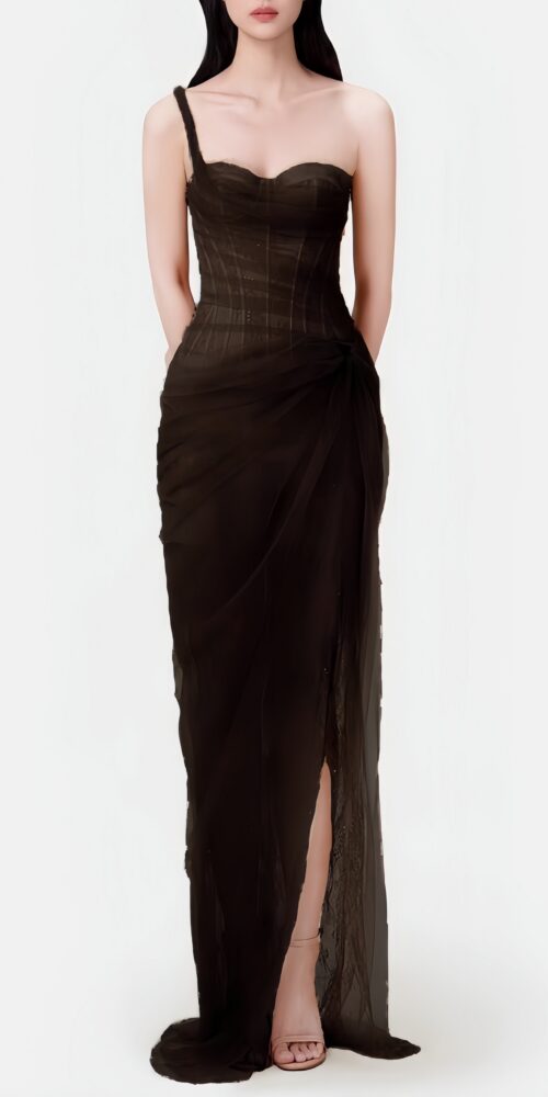 Lace Corset One Shoulder Midi Dress - Black
