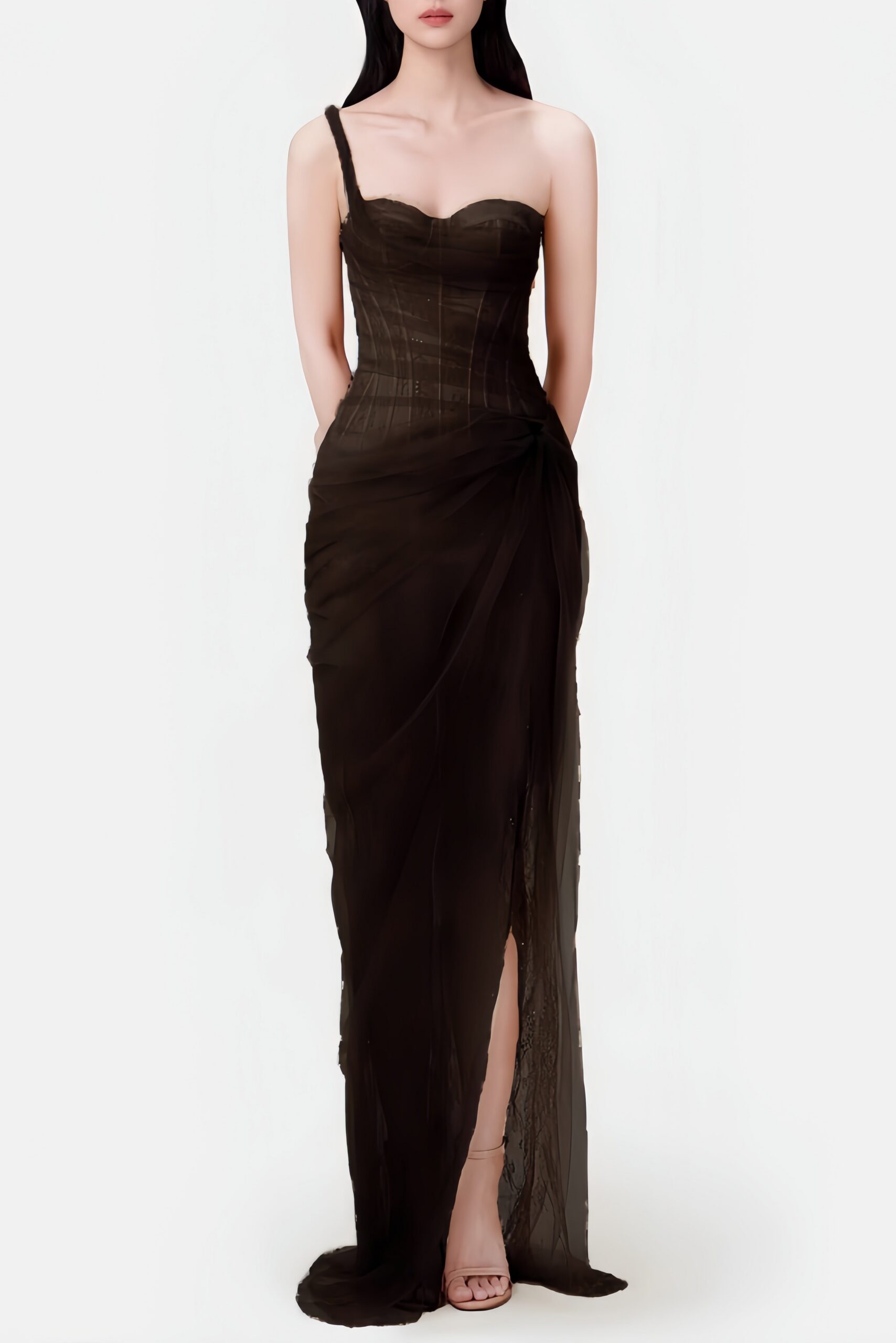 IninaLaceCorsetOneShoulderMidiDress-Black LACE ONE SHOULDER CORSET MIDI DRESS, BLACK