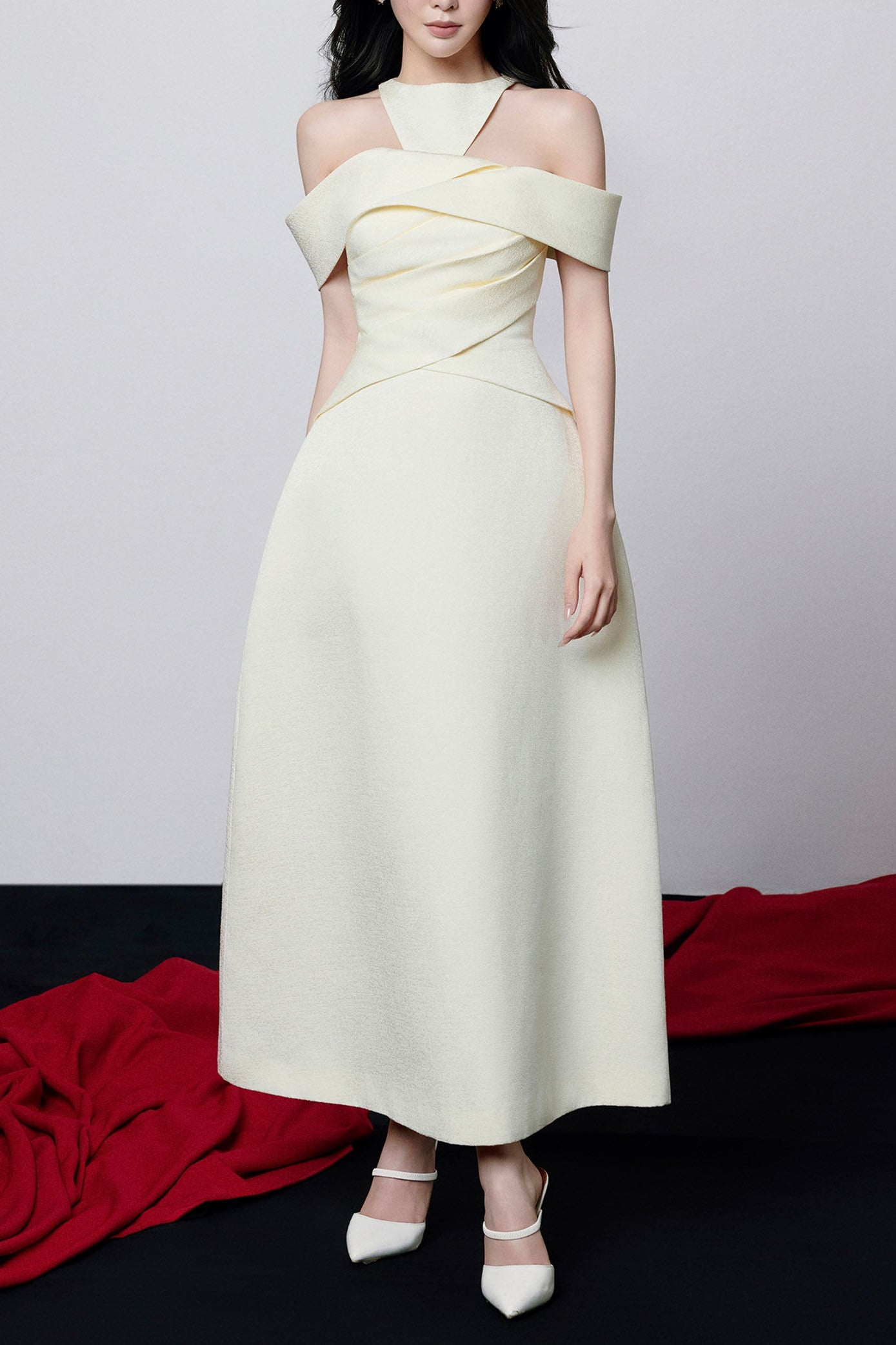 AALIYAH OFF-SHOULDER DRAPED MIDI DRESS IN APRICOT