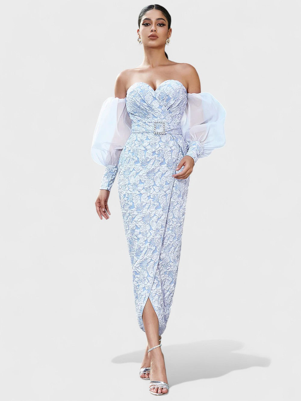 IZOBEL OFF-SHOULDER EMBROIDERED MIDI DRESS – ICY BLUE