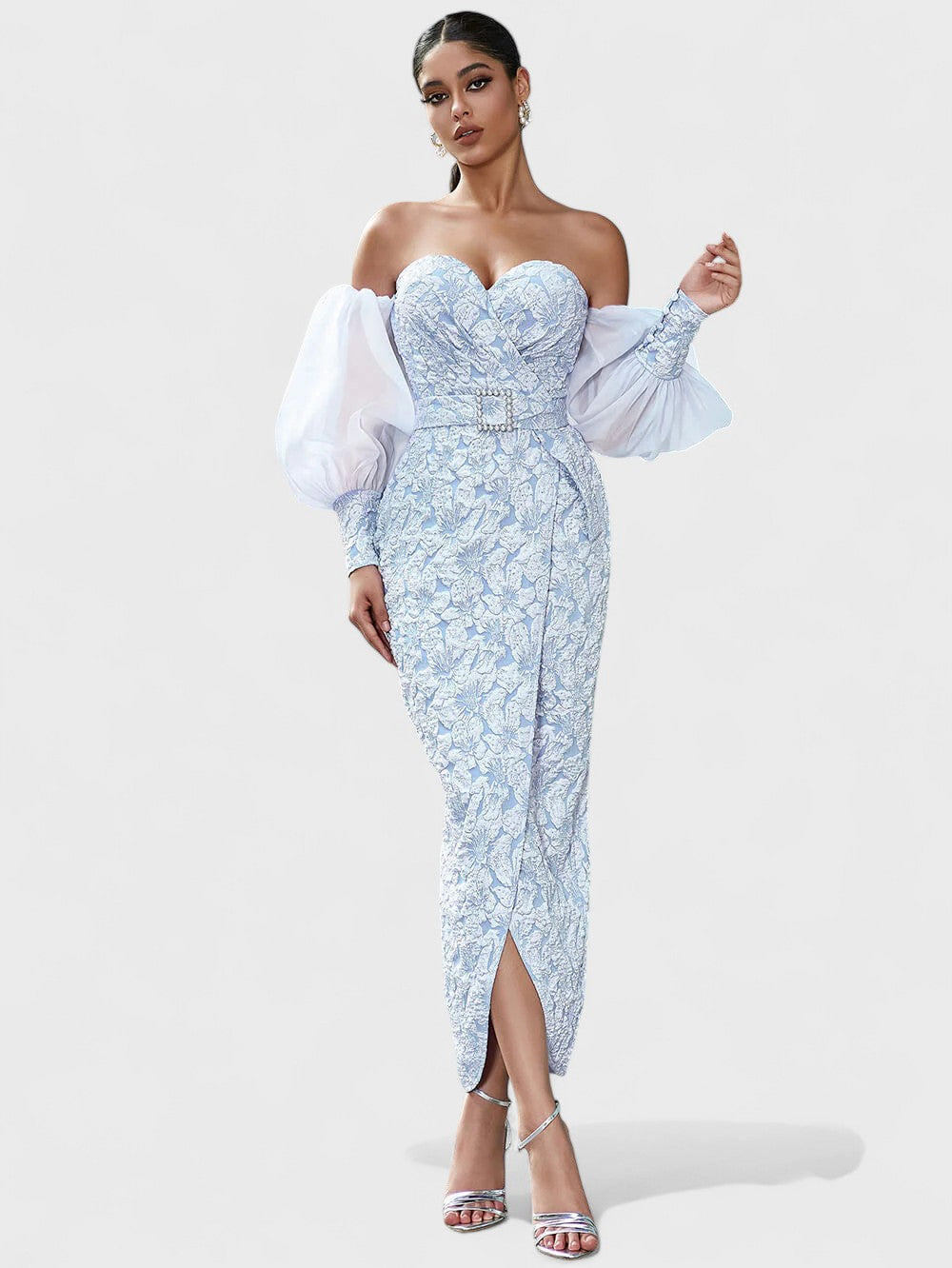 IZOBEL OFF-SHOULDER EMBROIDERED MIDI DRESS – ICY BLUE