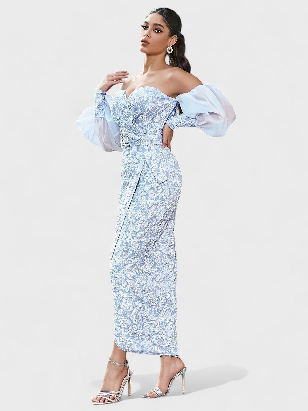 IZOBEL OFF-SHOULDER EMBROIDERED MIDI DRESS – ICY BLUE