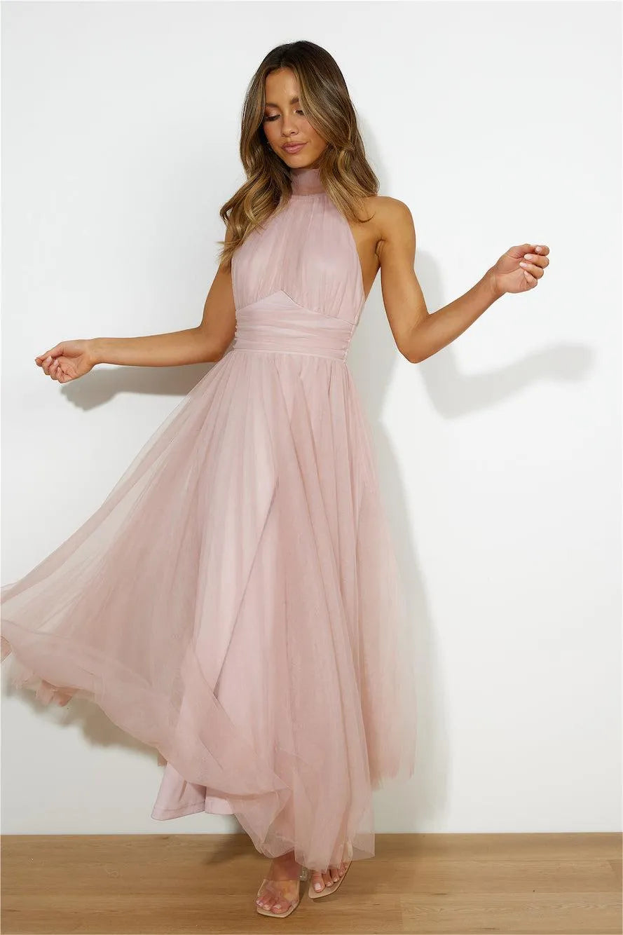 SLEEVELESS LACE UP HALTER MIDI DRESS PINK