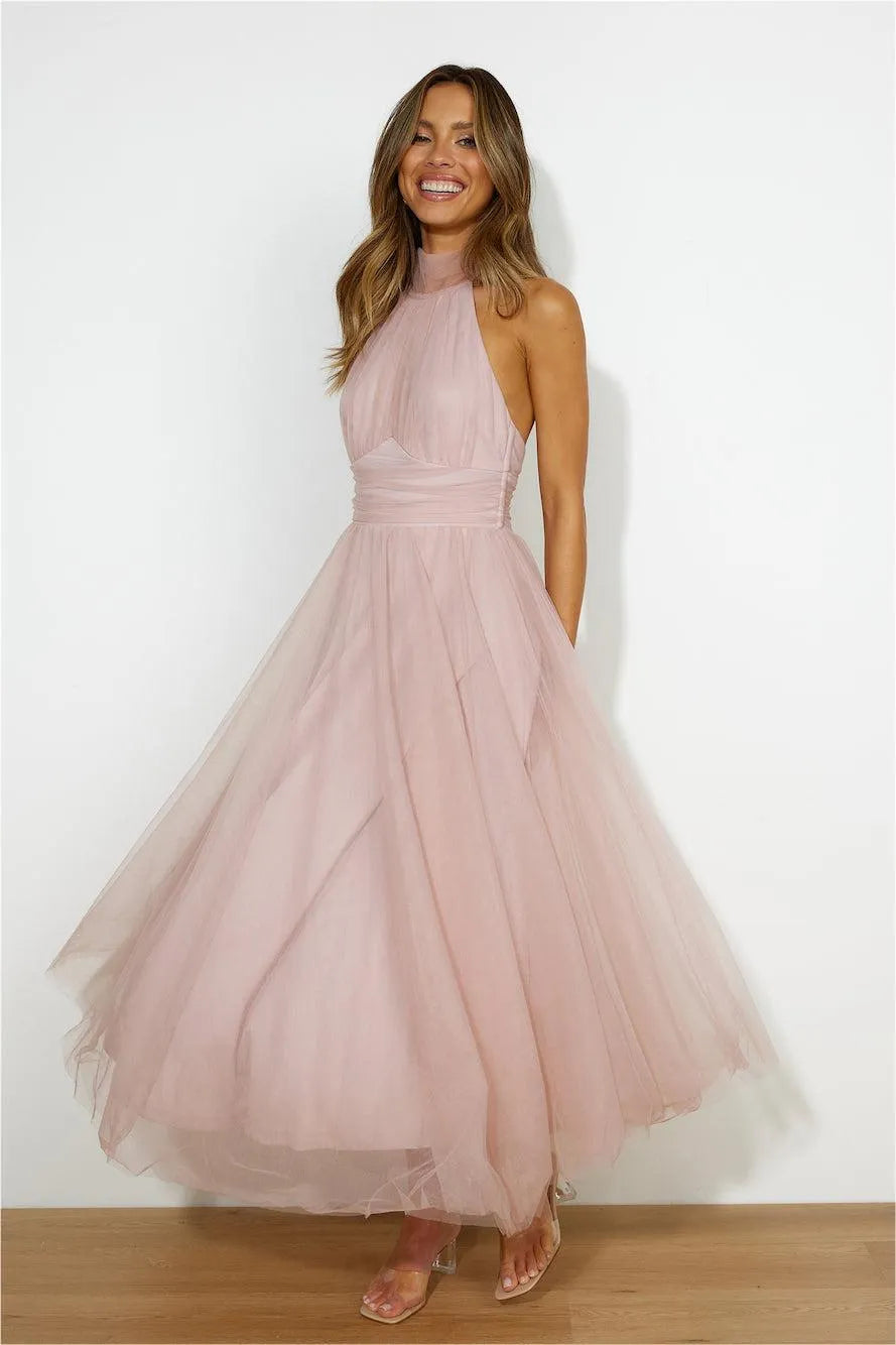 SLEEVELESS LACE UP HALTER MIDI DRESS PINK