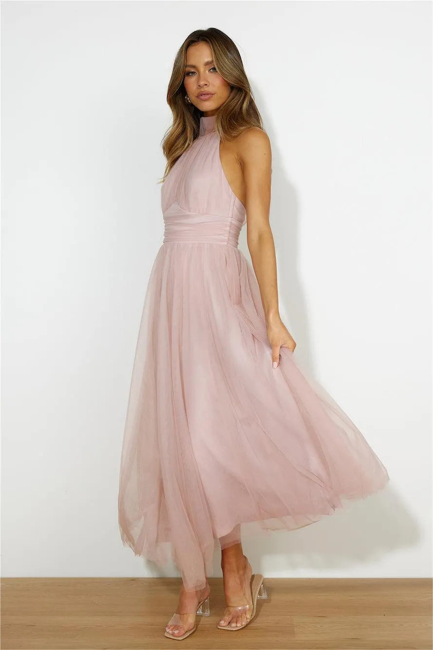 SLEEVELESS LACE UP HALTER MIDI DRESS PINK