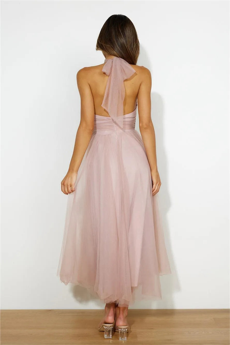 SLEEVELESS LACE UP HALTER MIDI DRESS PINK