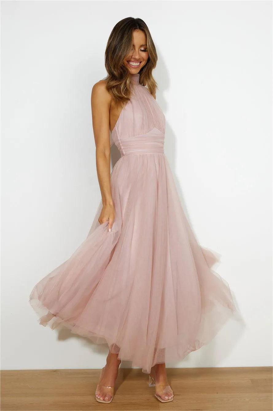 SLEEVELESS LACE UP HALTER MIDI DRESS PINK