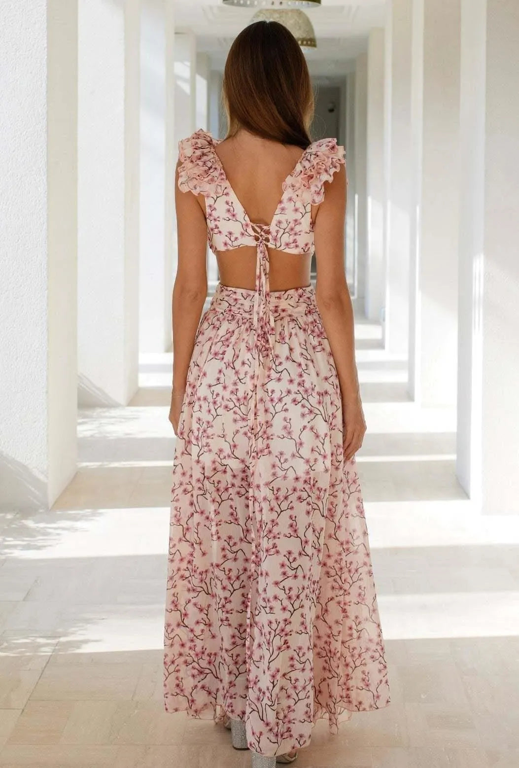 FLORAL V-NECK TAPERED WAIST MIDI DRESS FOR WEDDING