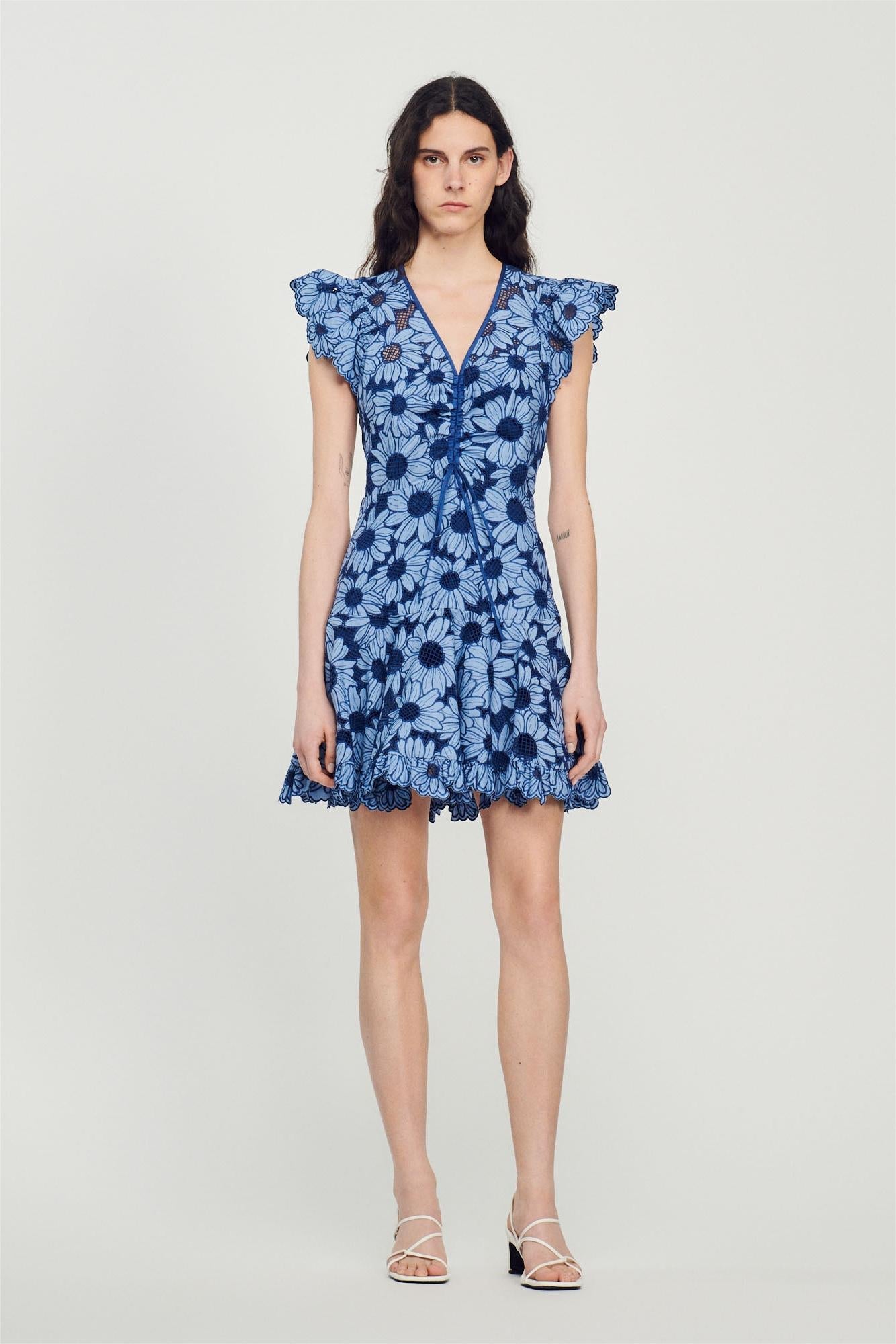 FLUTTER SLEEVE V-NECK FLORAL MINI DRESS