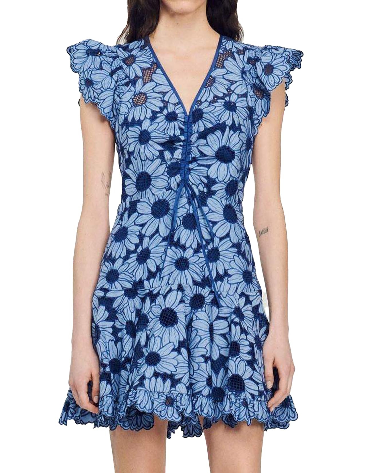 J2308214052 FLUTTER SLEEVE V-NECK FLORAL MINI DRESS
