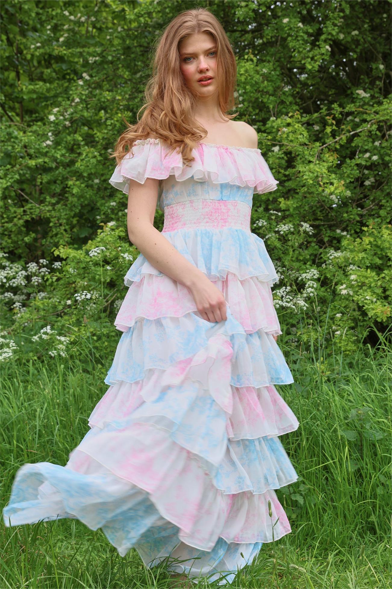 J2406261126-_1 TIEDYE RUFFLE OFF-SHOULDER MIDI DRESS FOR PARTY