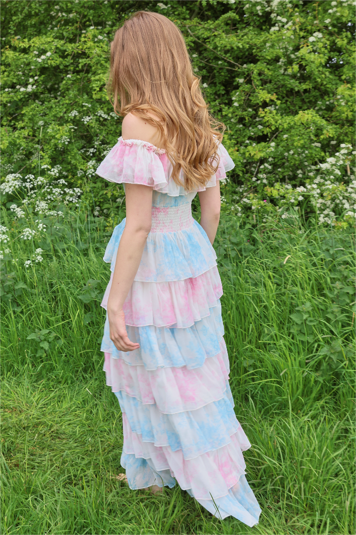 J2406261126-_1 TIEDYE RUFFLE OFF-SHOULDER MIDI DRESS FOR PARTY