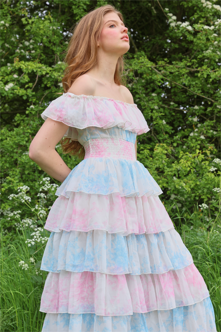 J2406261126-_2 TIEDYE RUFFLE OFF-SHOULDER MIDI DRESS FOR PARTY