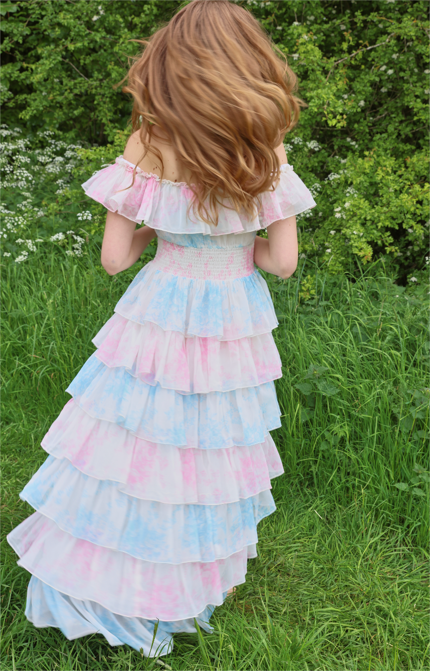 J2406261126-_3 TIEDYE RUFFLE OFF-SHOULDER MIDI DRESS FOR PARTY