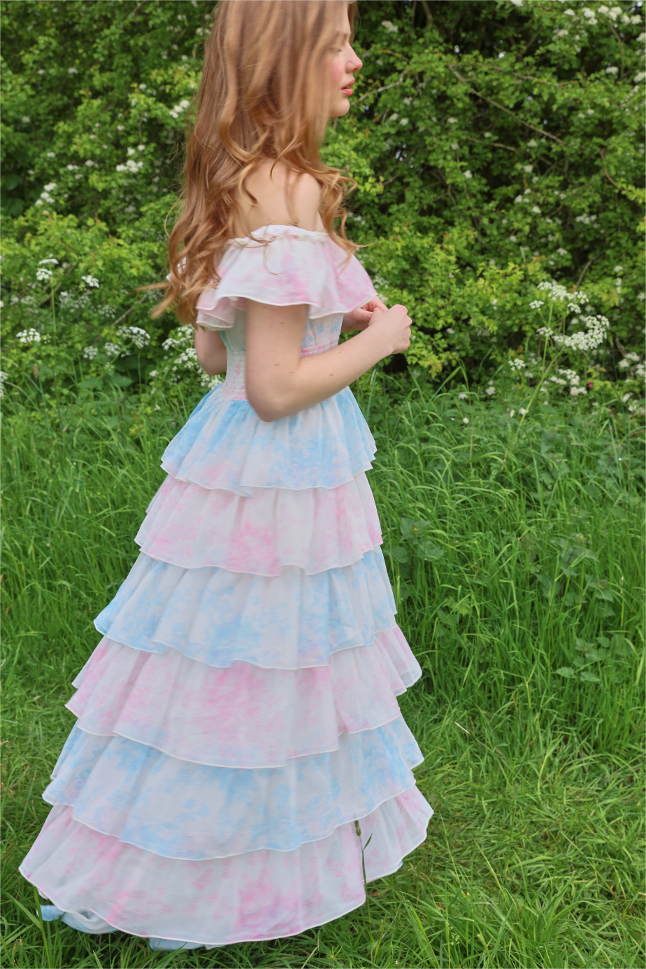 J2406261126-_4 TIEDYE RUFFLE OFF-SHOULDER MIDI DRESS FOR PARTY