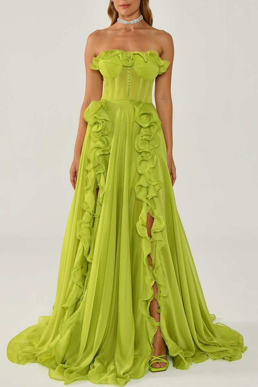 SOLID FRILL SWEETHEART SLEEVELESS MAXI DRESS